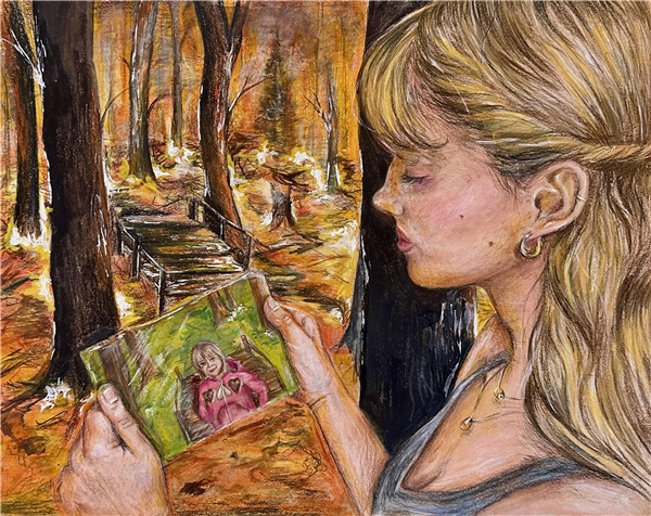  drawing of girl looking at childhood photo of herself 